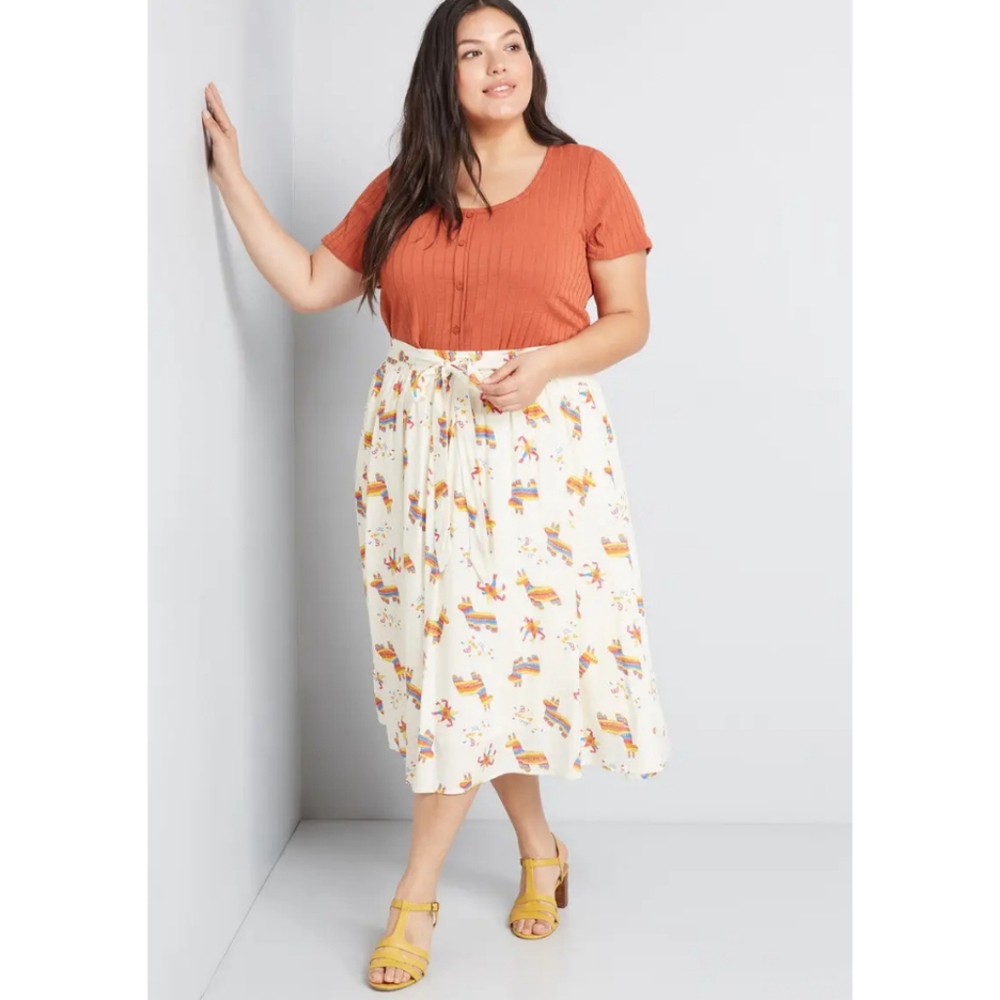 ModCloth Yellow Stir Things Up Tie Waist Midi Skirt w/ Fiesta Pinata Lama Print